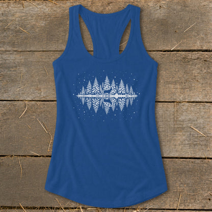 Blue tank top with a white silhouette of pine trees, deer, and a reflection.