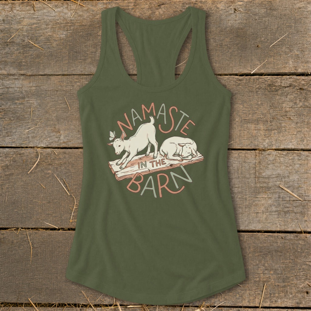 Green tank top with "Namaste In The Barn" text and goat graphics.