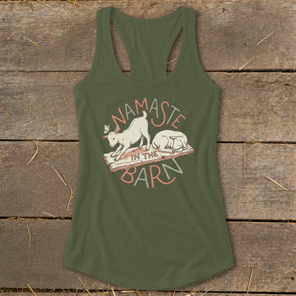 Green tank top with "Namaste In The Barn" text and goat graphics.