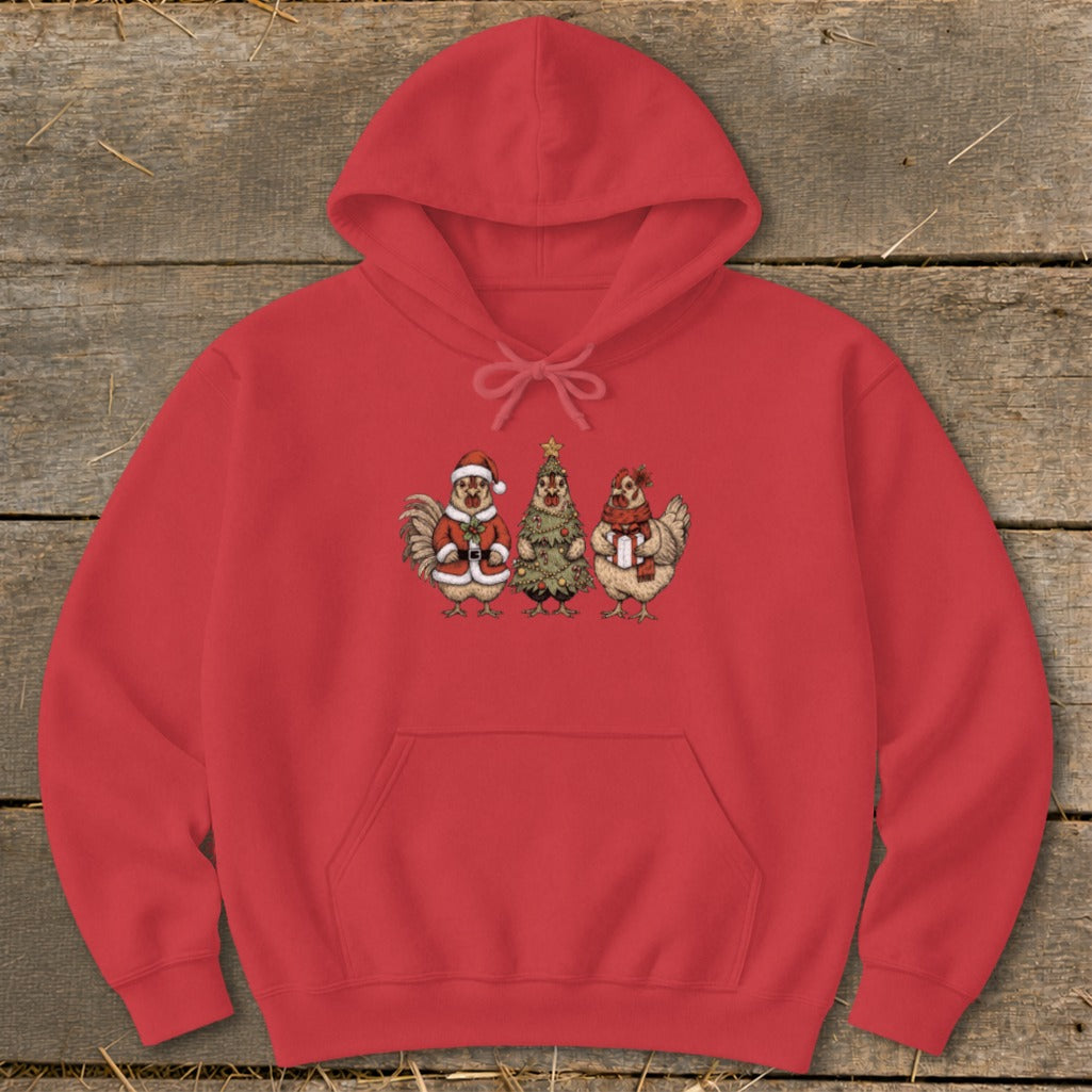 Red hoodie with illustration of a rooster as Santa, a Christmas tree, and a hen.