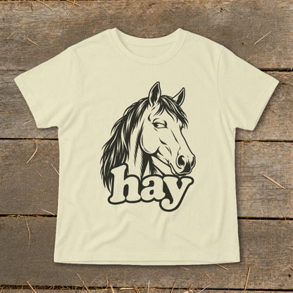 Cream t-shirt with black graphic of a horse head and the word "hay".