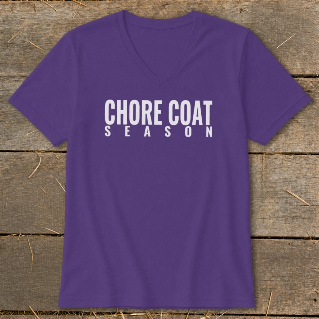 Purple V-neck t-shirt with "Chore Coat Season" graphic.
