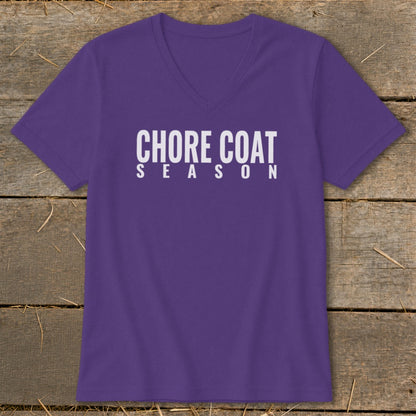 Purple V-neck t-shirt with "Chore Coat Season" graphic.