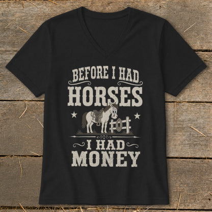 Black t-shirt with "BEFORE I HAD HORSES I HAD MONEY" and cartoon horse graphic.