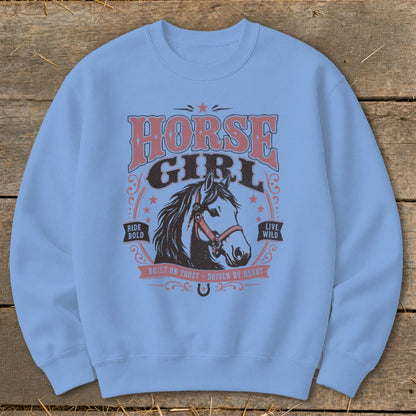 Light blue sweatshirt with "HORSE GIRL" text and a horse graphic.