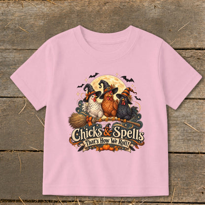 Three chickens in witch hats riding a broomstick with "Chicks & Spells" text.