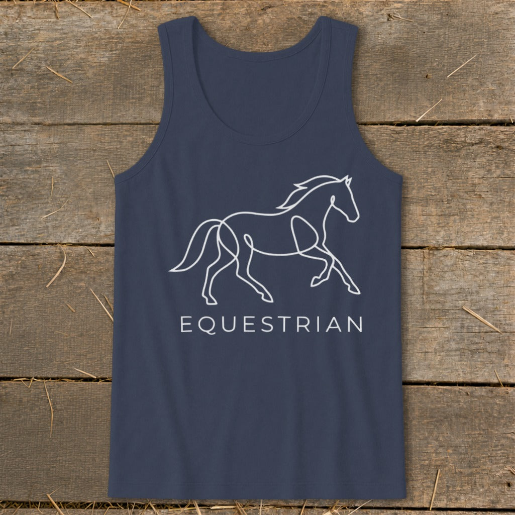 Navy tank top with a white line drawing of a running horse and the word "EQUESTRIAN".