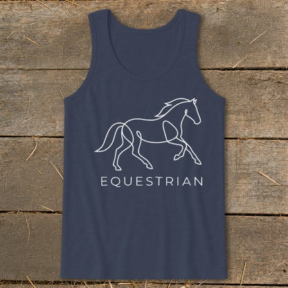 Navy tank top with a white line drawing of a running horse and the word "EQUESTRIAN".