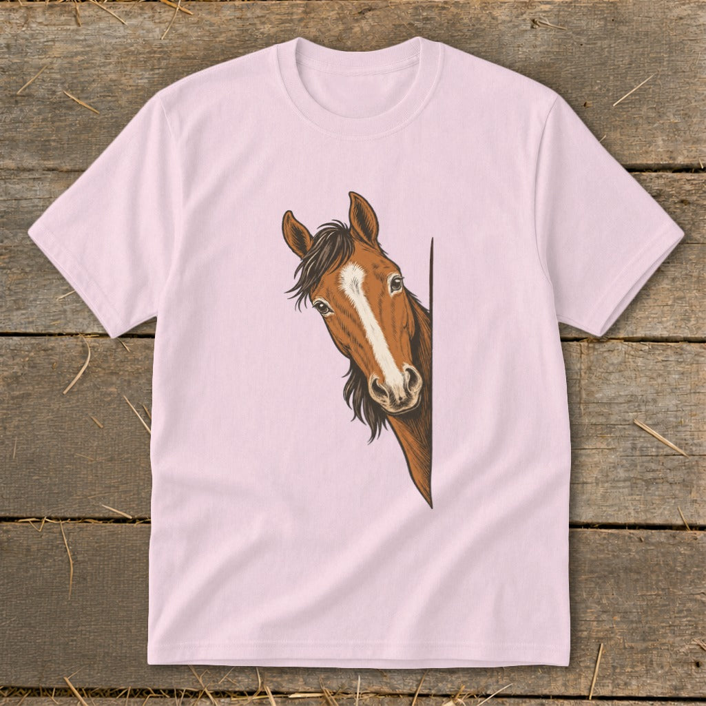 Pink t-shirt with a brown horse peeking from the side.