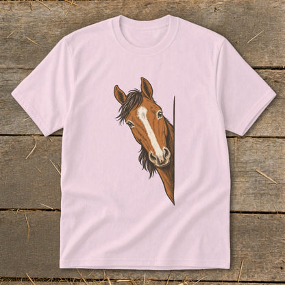 Pink t-shirt with a brown horse peeking from the side.