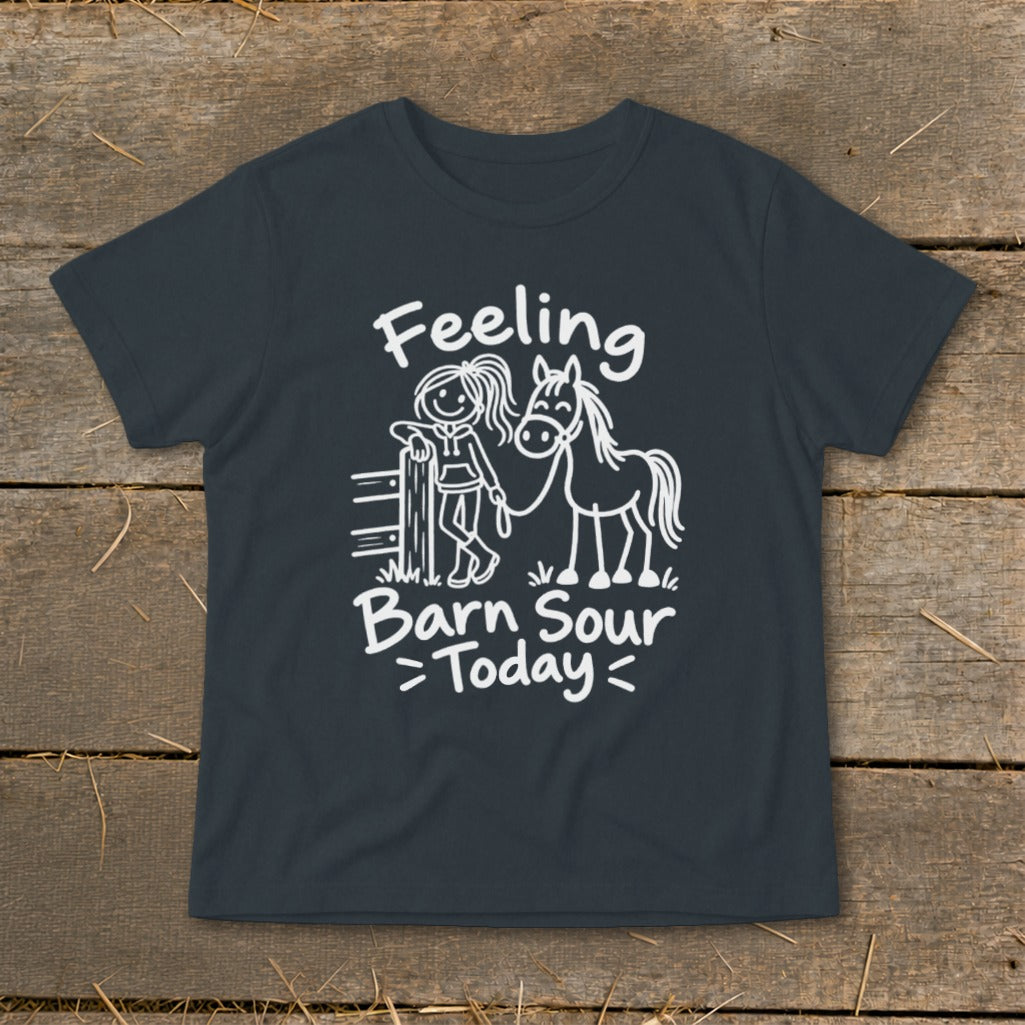 Dark gray t-shirt with white text and illustration of a girl and horse saying "Feeling Barn Sour Today".