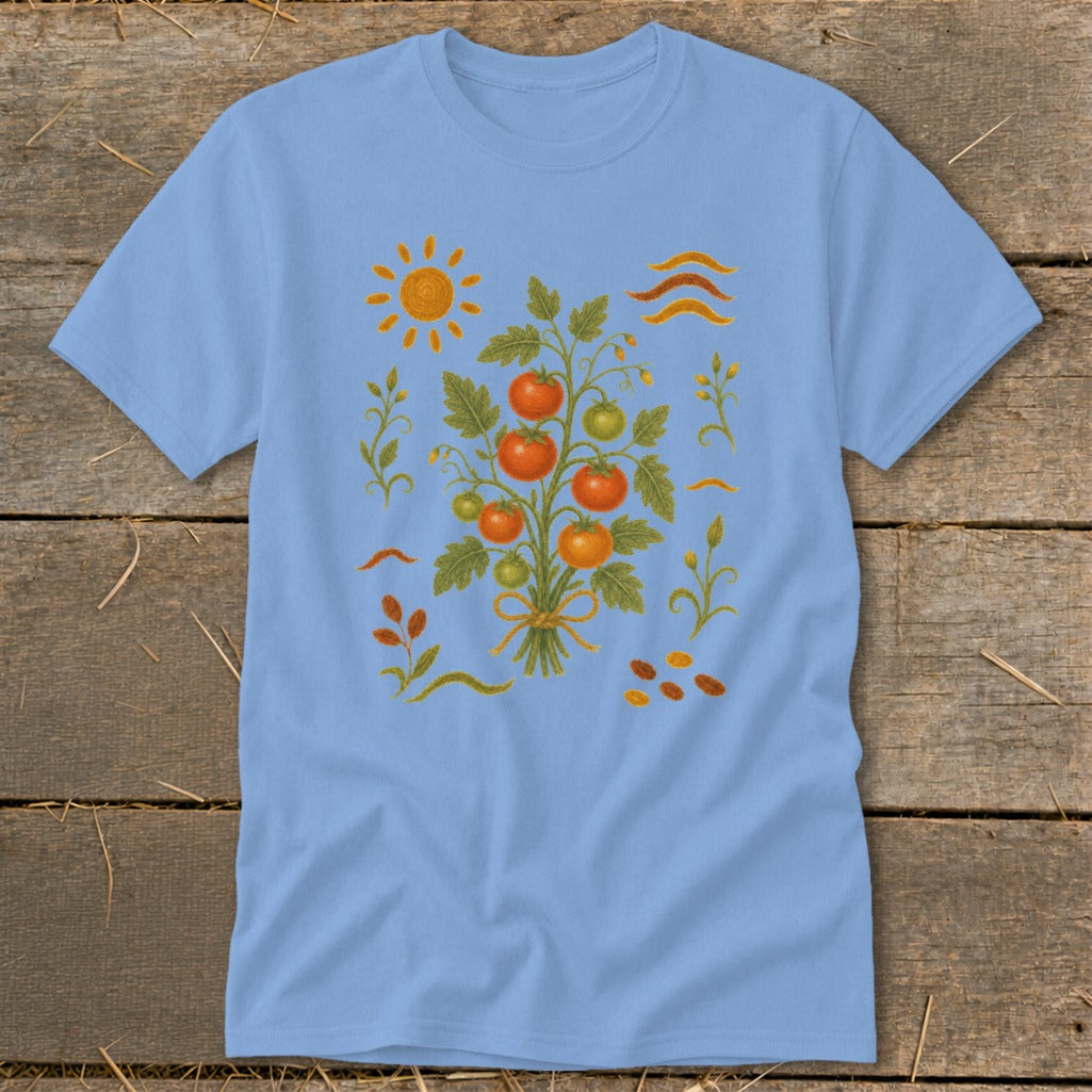 Light blue t-shirt with a watercolor illustration of a tomato plant and sun.