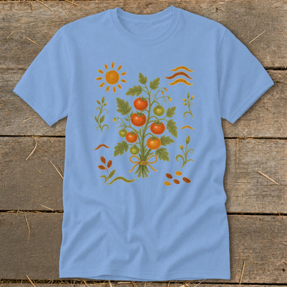 Light blue t-shirt with a watercolor illustration of a tomato plant and sun.