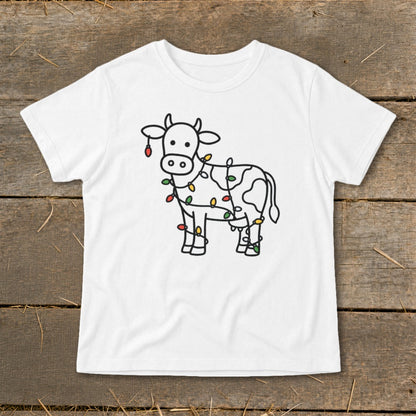 White t-shirt with a cartoon cow outline adorned with colorful Christmas lights.