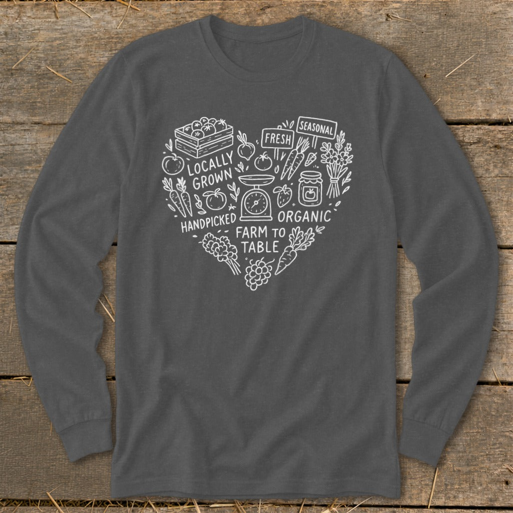 Dark gray long sleeve shirt with white heart-shaped farm graphic, text: locally grown, fresh, seasonal, organic, handpicked, farm to table.