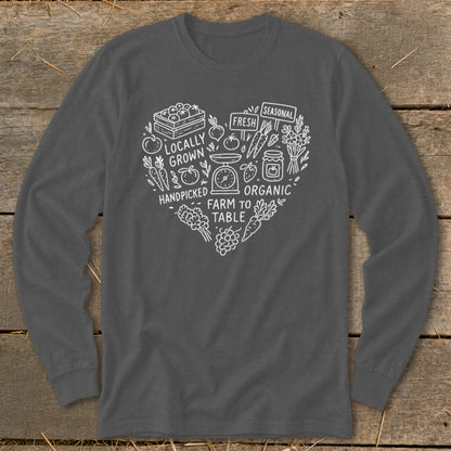 Dark gray long sleeve shirt with white heart-shaped farm graphic, text: locally grown, fresh, seasonal, organic, handpicked, farm to table.