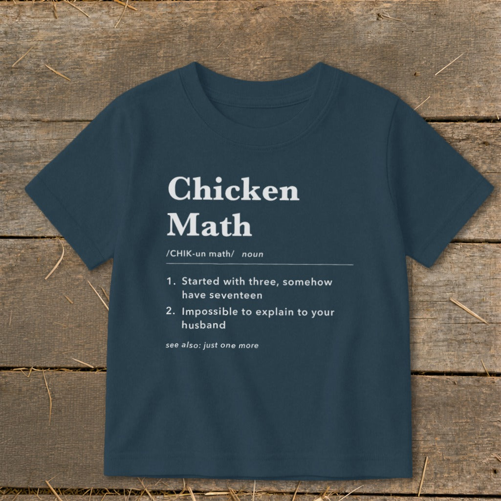 Navy t-shirt with "Chicken Math" dictionary definition text.