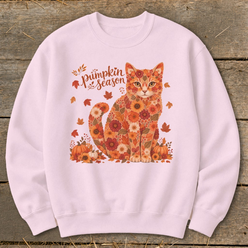 Pink sweatshirt with floral cat graphic and "pumpkin season" text.