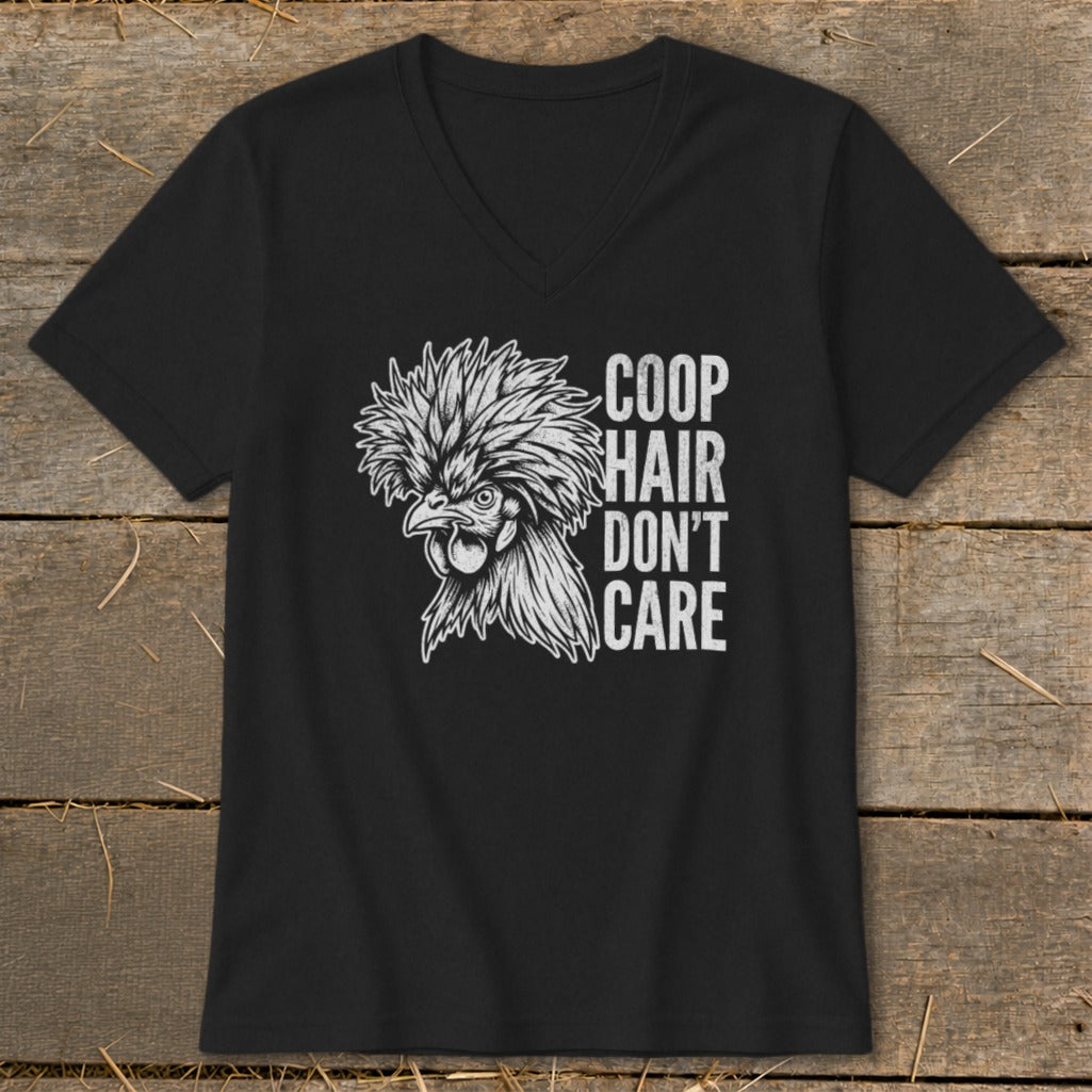 Black v-neck t-shirt with white line art of a fancy chicken and text "Coop Hair Don't Care."