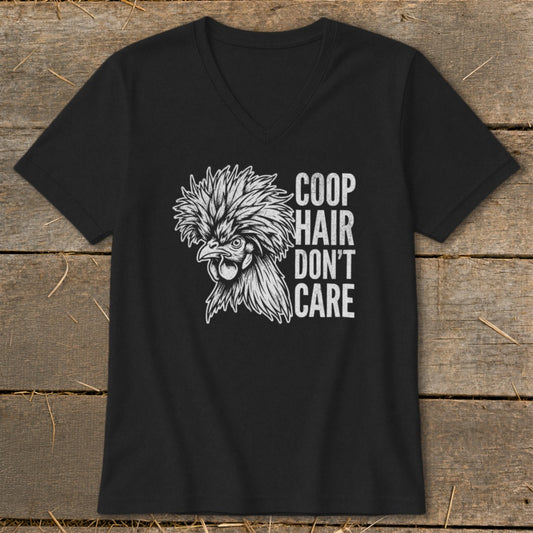 Black v-neck t-shirt with white line art of a fancy chicken and text "Coop Hair Don't Care."