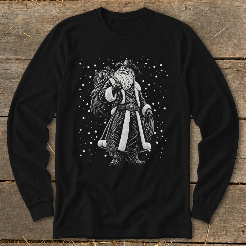 Black long-sleeve shirt with a cowboy Santa graphic and snowflakes.