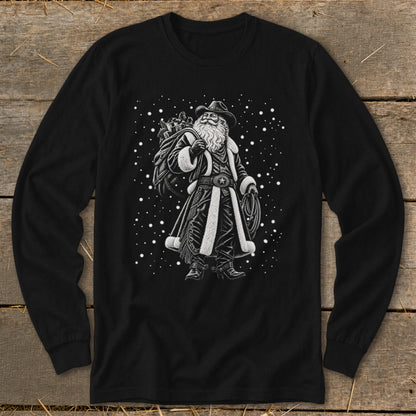 Black long-sleeve shirt with a cowboy Santa graphic and snowflakes.