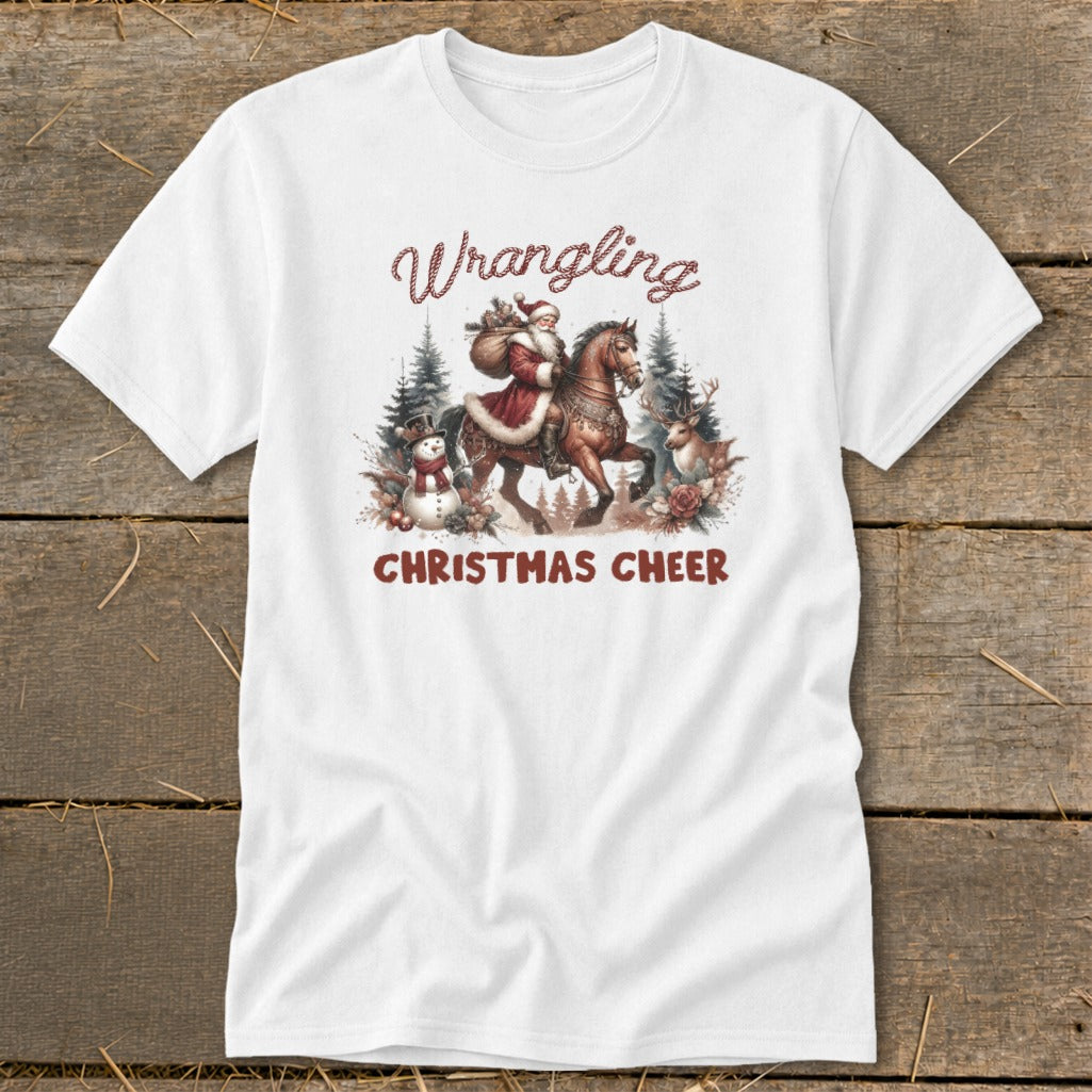 Santa on horseback with Christmas Cheer text and festive winter scene.