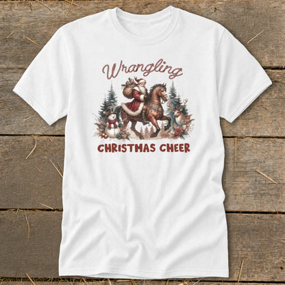 Santa on horseback with Christmas Cheer text and festive winter scene.