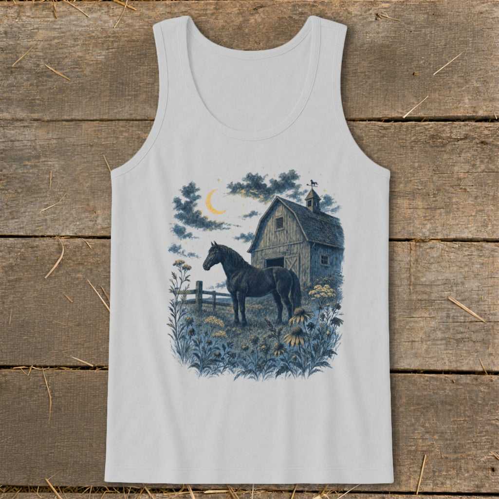 Black horse in a field at night with a barn and crescent moon.