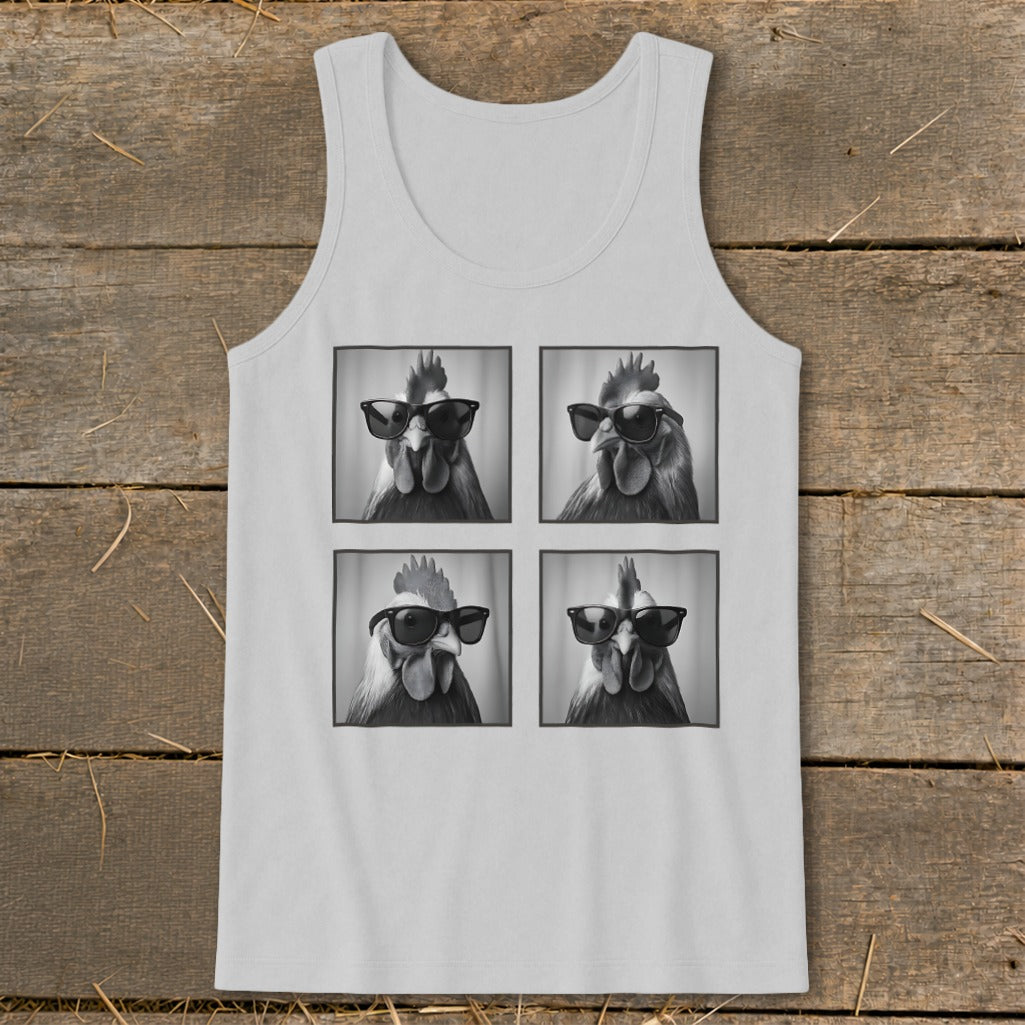 Tank top with four black and white portraits of roosters wearing sunglasses.