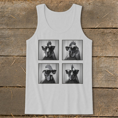 Tank top with four black and white portraits of roosters wearing sunglasses.