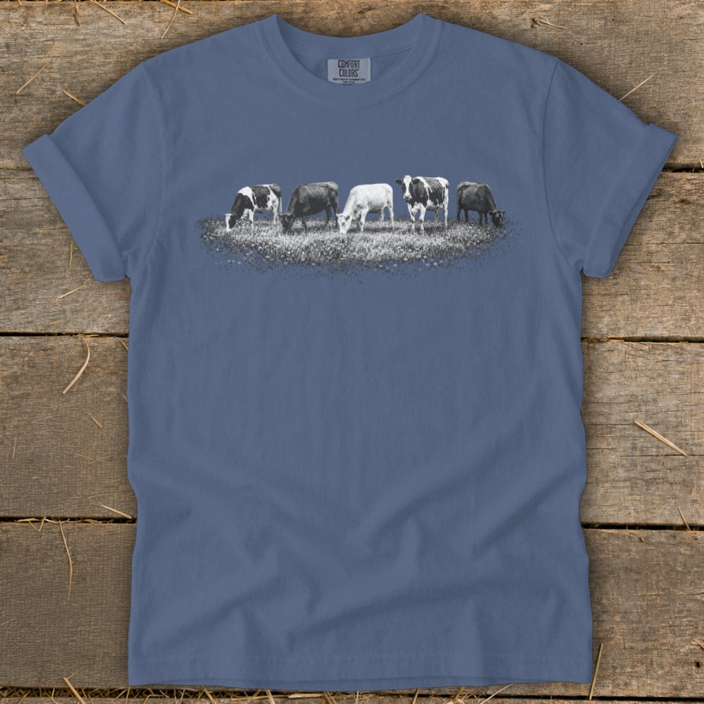 Herd of black and white cows grazing in a field graphic on a blue t-shirt.