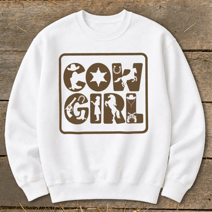 White sweatshirt with brown "COW GIRL" text and western-themed icons.