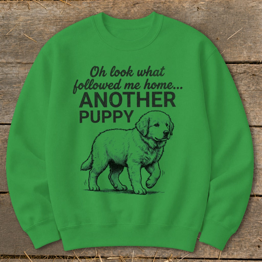 Green sweatshirt with text "Oh look what followed me home... ANOTHER PUPPY" and a puppy illustration.