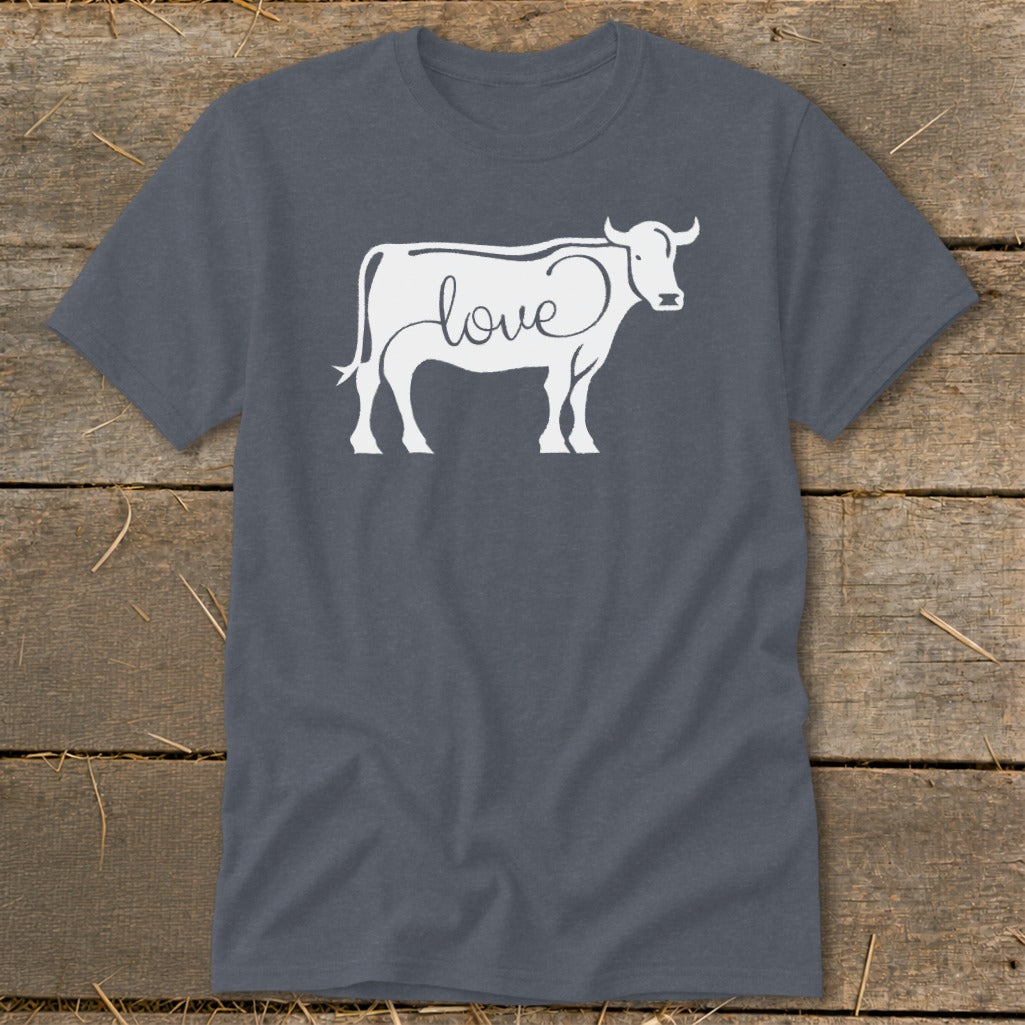 Dark grey t-shirt with white cow outline filled with the word "love".