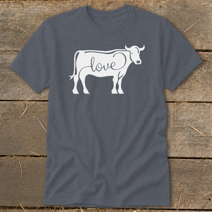 Dark grey t-shirt with white cow outline filled with the word "love".