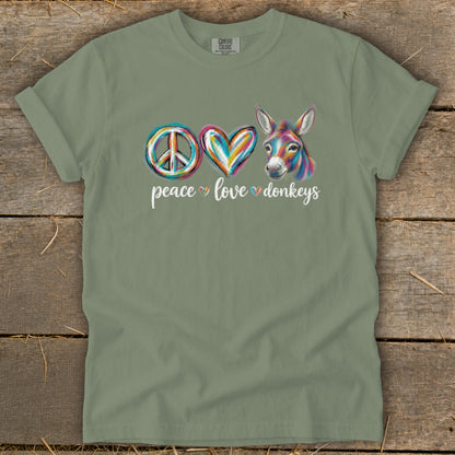Sage green t-shirt with a colorful graphic of a peace sign, heart, and donkey, plus the text peace love donkeys.