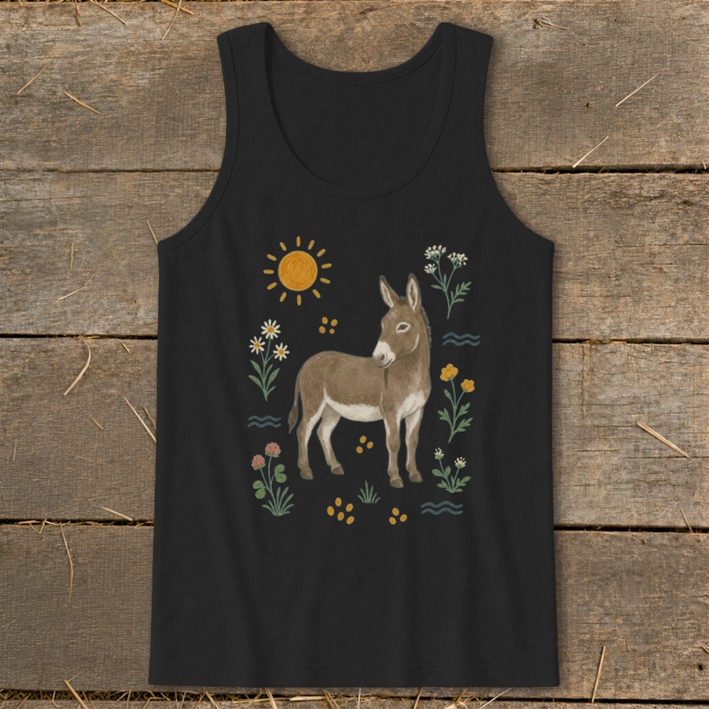 Black tank top with a watercolor-style donkey surrounded by flowers, sun, and wavy lines.