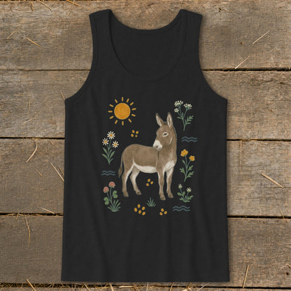 Black tank top with a watercolor-style donkey surrounded by flowers, sun, and wavy lines.