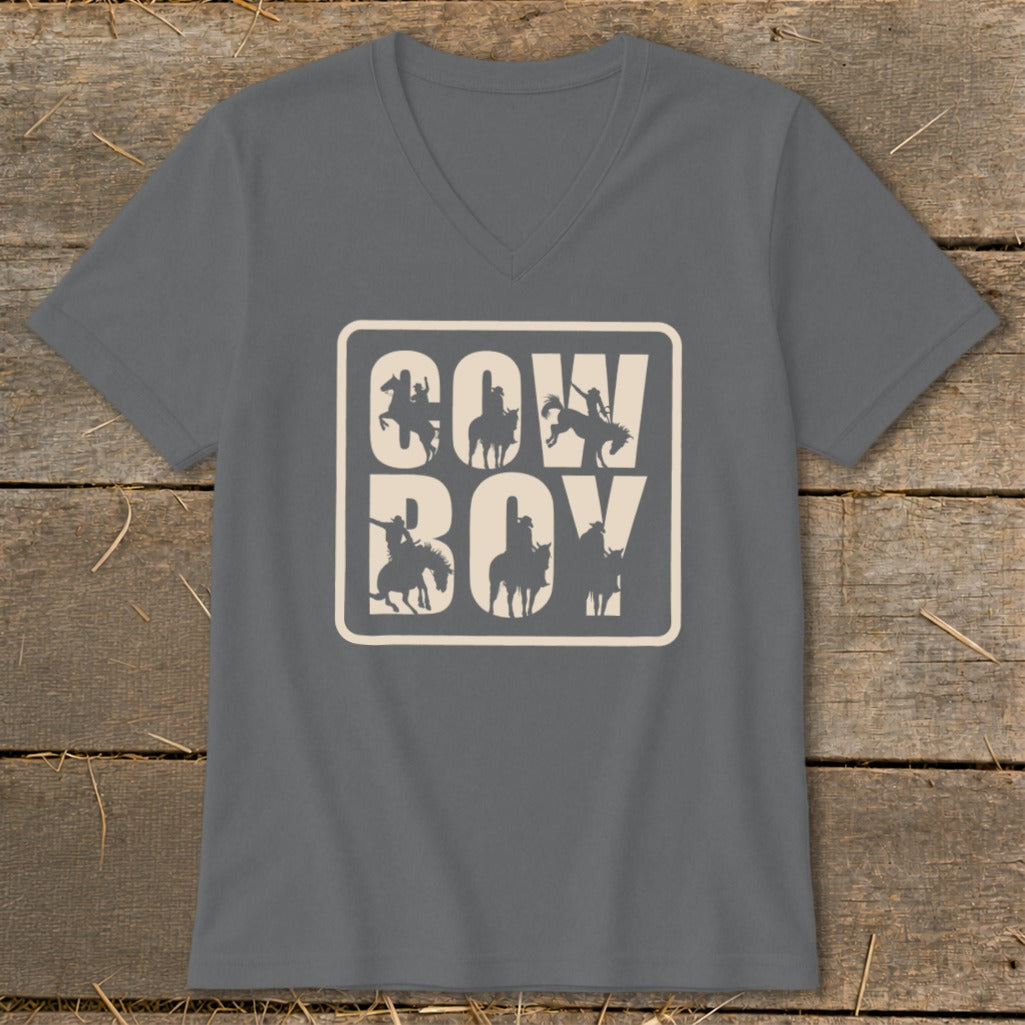 Grey t-shirt with "COW BOY" text and cowboy silhouettes.