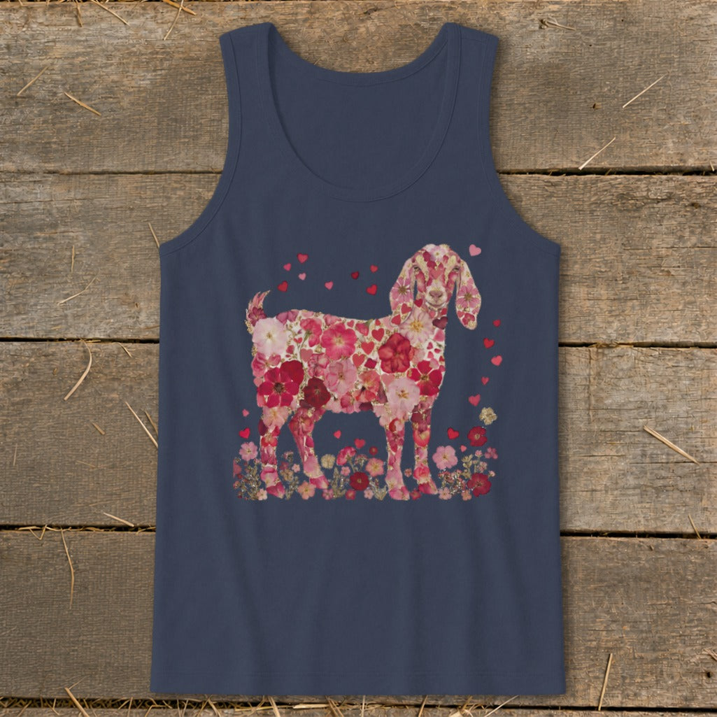 Navy tank top with a goat silhouette filled with pink flowers and hearts.