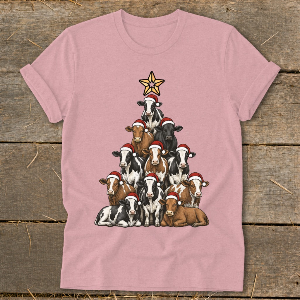 T-shirt graphic of a Christmas tree made of cows wearing Santa hats.