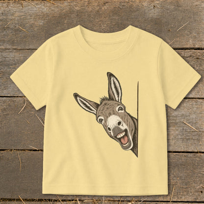 Yellow t-shirt with a surprised donkey peeking around the corner.