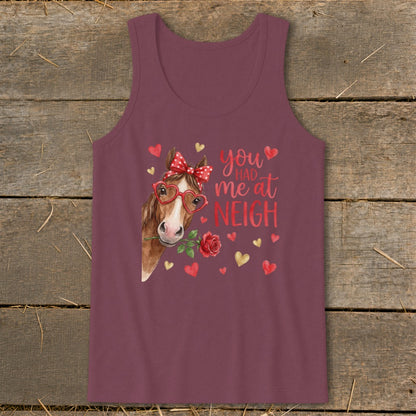 Horse with heart glasses and rose, "You had me at NEIGH" text.