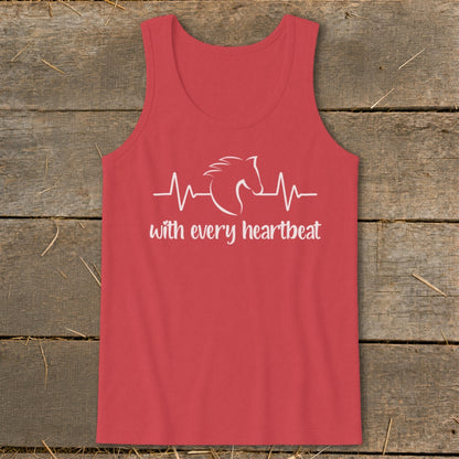 Coral tank top with white horse head heartbeat graphic and text.