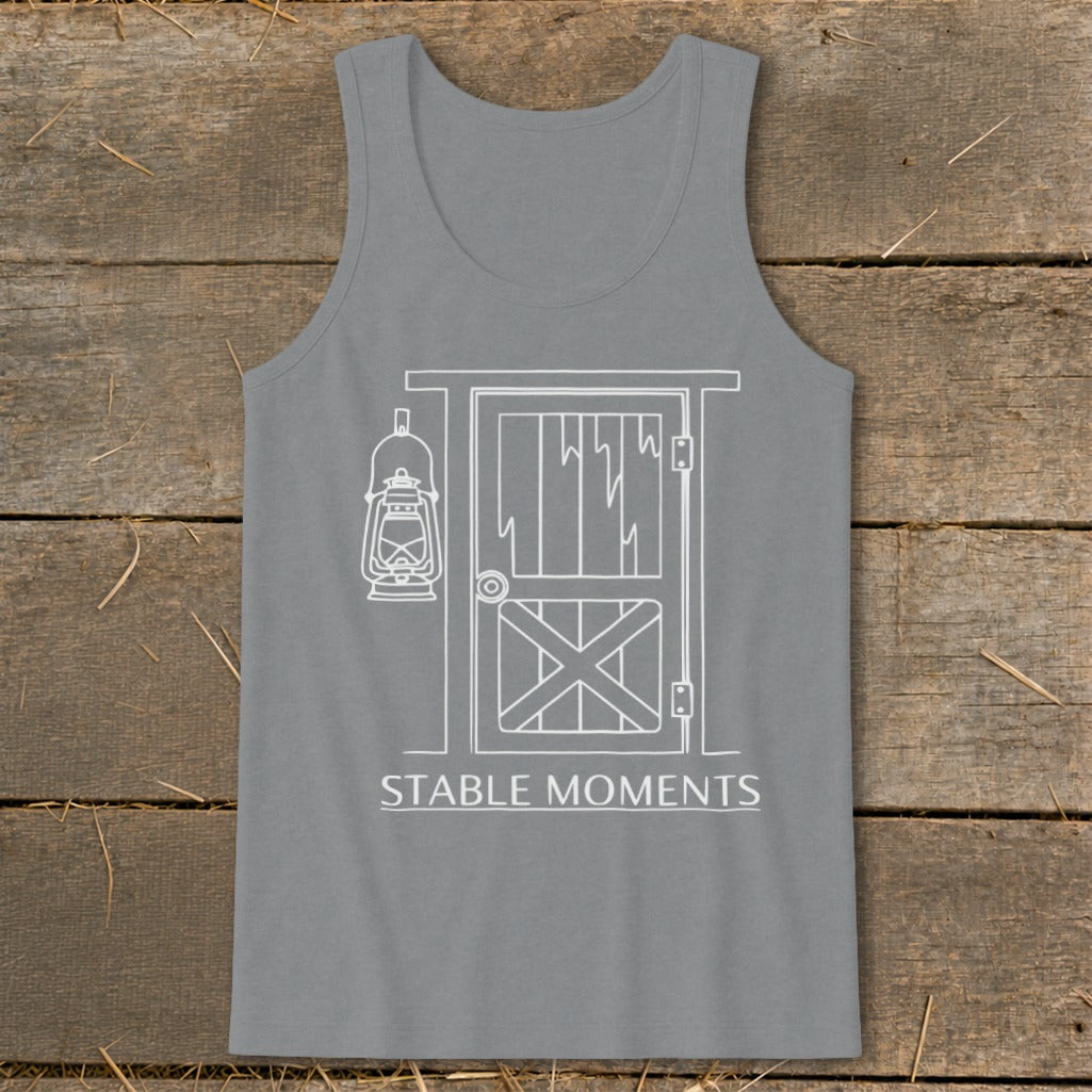 Grey tank top with white outline drawing of barn door, lantern, and text "STABLE MOMENTS".