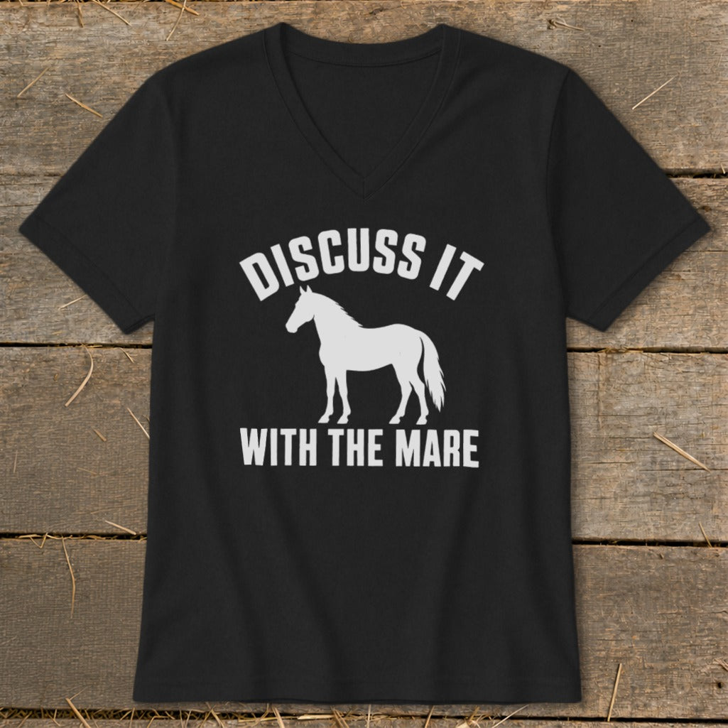 Black t-shirt with white horse graphic and text "Discuss it with the mare".