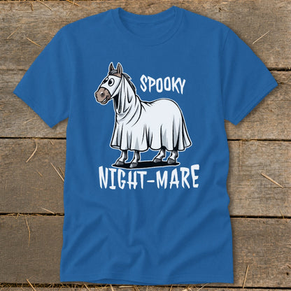 Blue t-shirt with cartoon horse dressed as a ghost with "Spooky Nightmare" text.