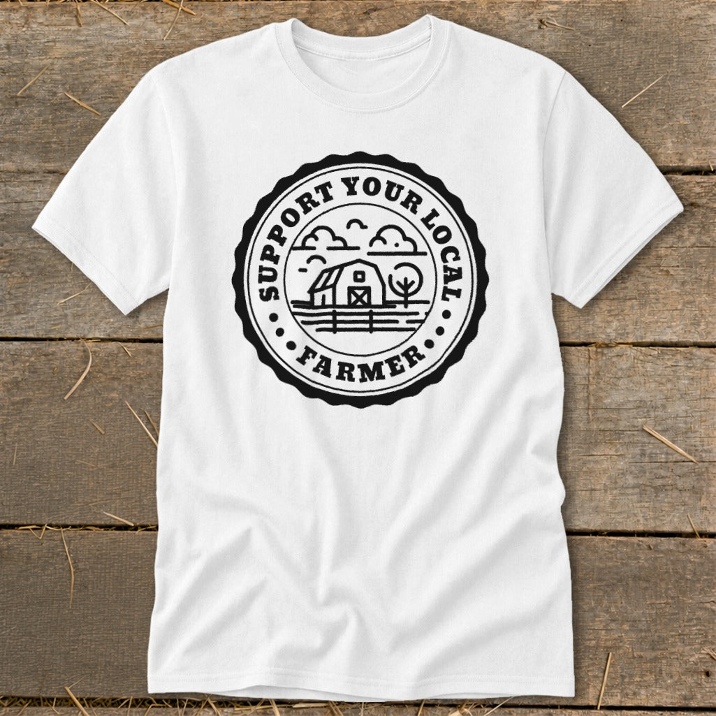 White t-shirt with a circular badge graphic reading "SUPPORT YOUR LOCAL FARMER".