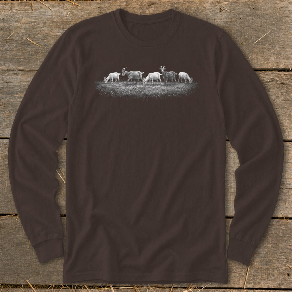 Long sleeve brown t-shirt with a graphic of five goats grazing in a field.
